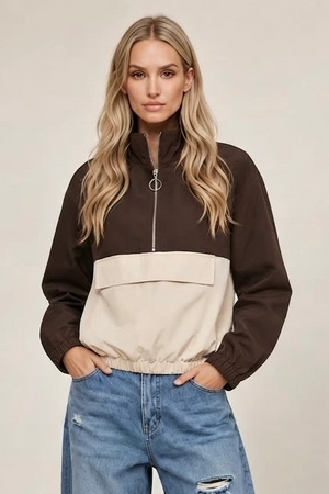 Two-tone half-zip jacket with front pocket, dark brown and cream color-block