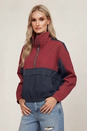 Two-tone half-zip jacket with front pocket, wine and dark navy color-block