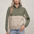 Two-tone half-zip jacket with front pocket, olive and beige color-block