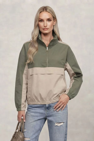 Two-tone half-zip jacket with front pocket, olive and beige color-block