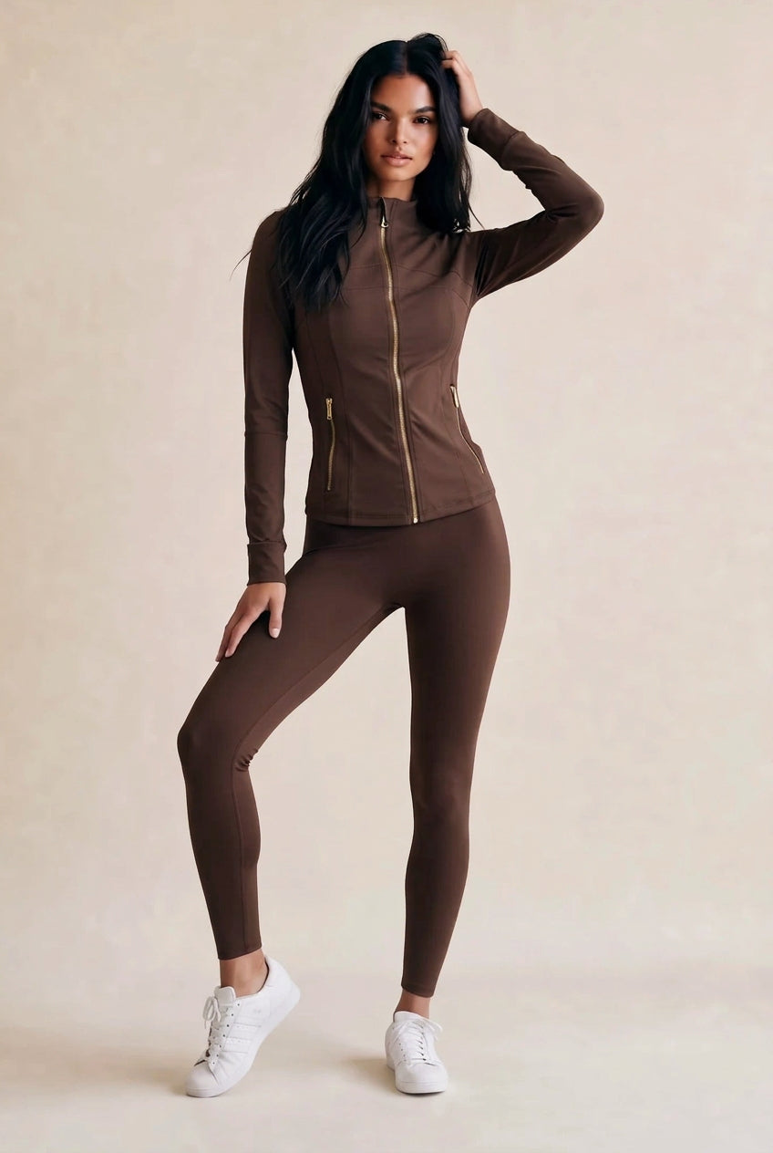 Brown zip-up athleisure jacket and matching leggings gym set