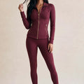 Wine zip-up athleisure jacket and matching leggings gym set