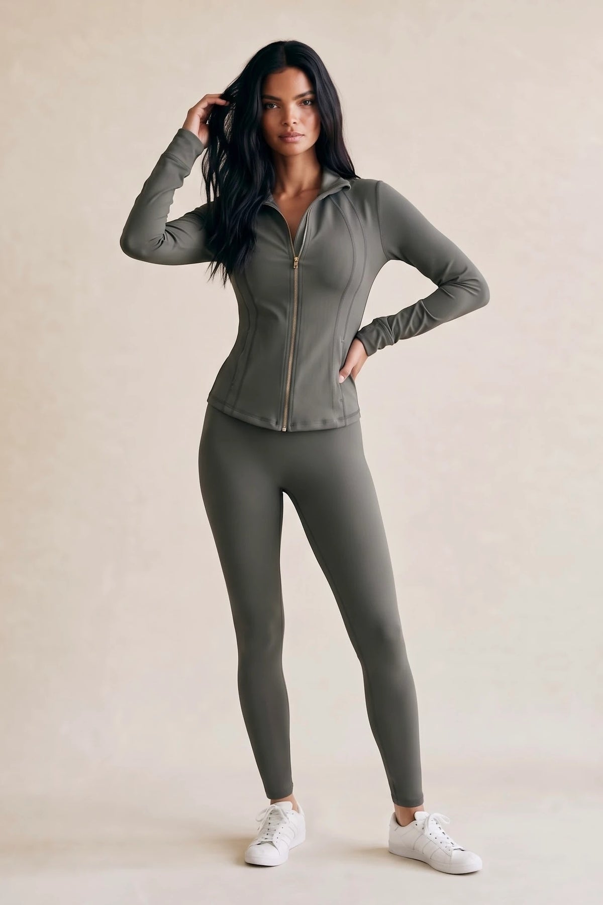 Dove grey zip-up athleisure jacket and matching leggings gym set