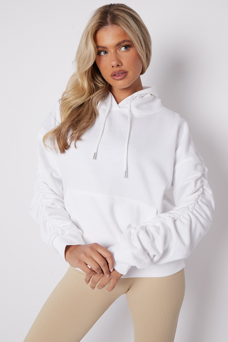 White Ruched Sleeve Hooded Sweatshirt - Kora - Storm Desire