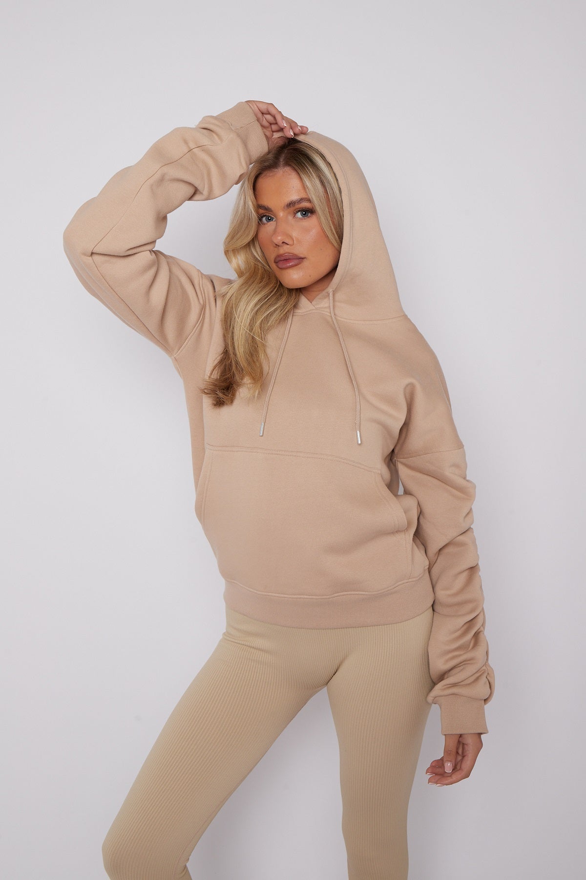 Beige Ruched Sleeve Hooded Sweatshirt - Kora - Storm Desire