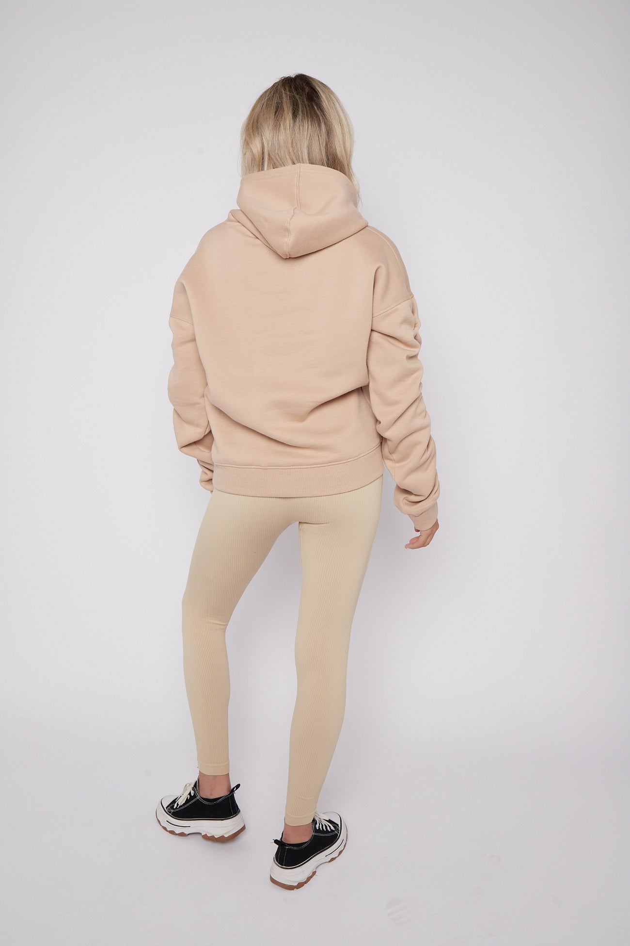 Beige Ruched Sleeve Hooded Sweatshirt - Kora - Storm Desire