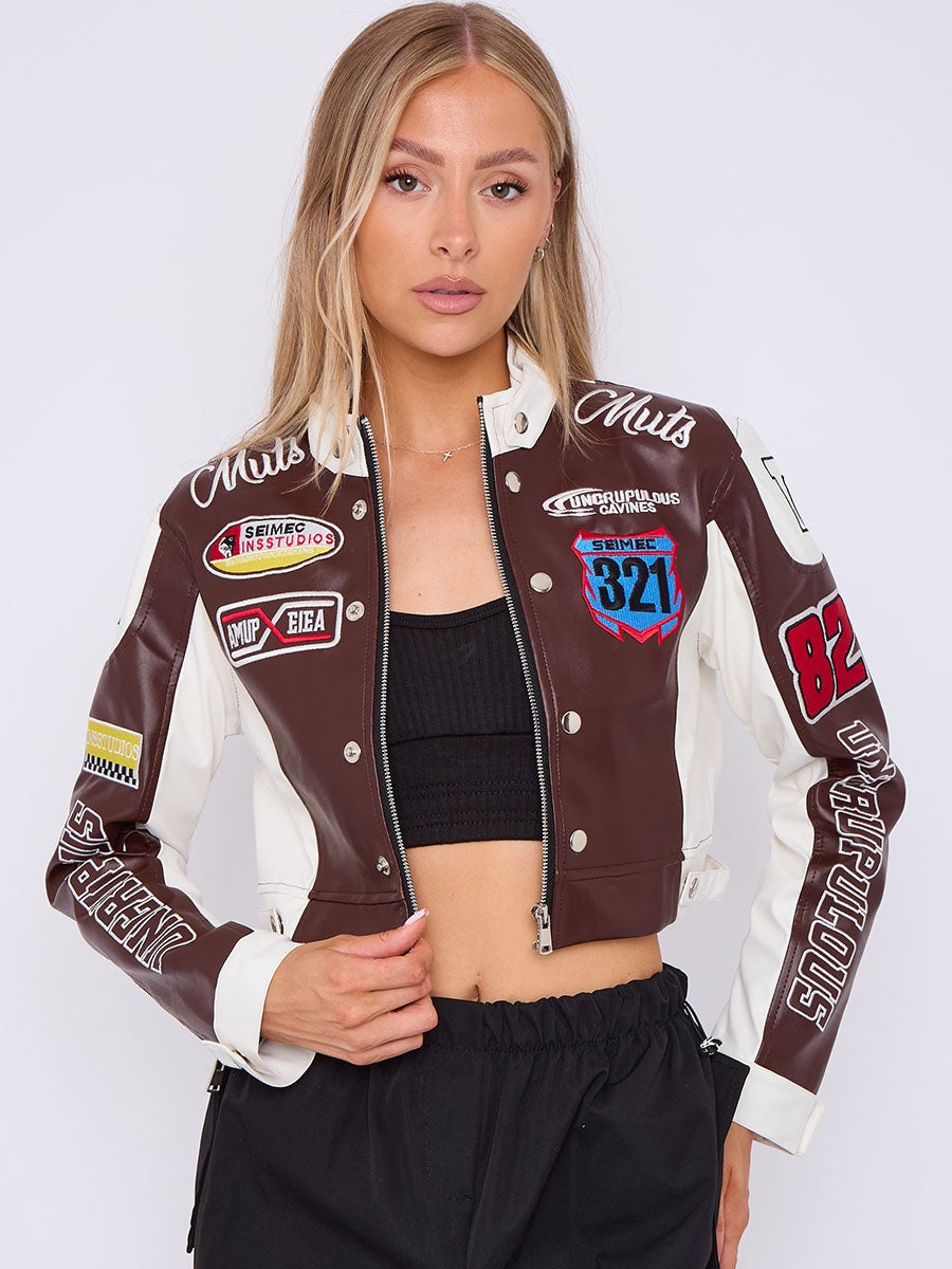 Faux Leather Slogan Cropped Biker Jacket - Khloe