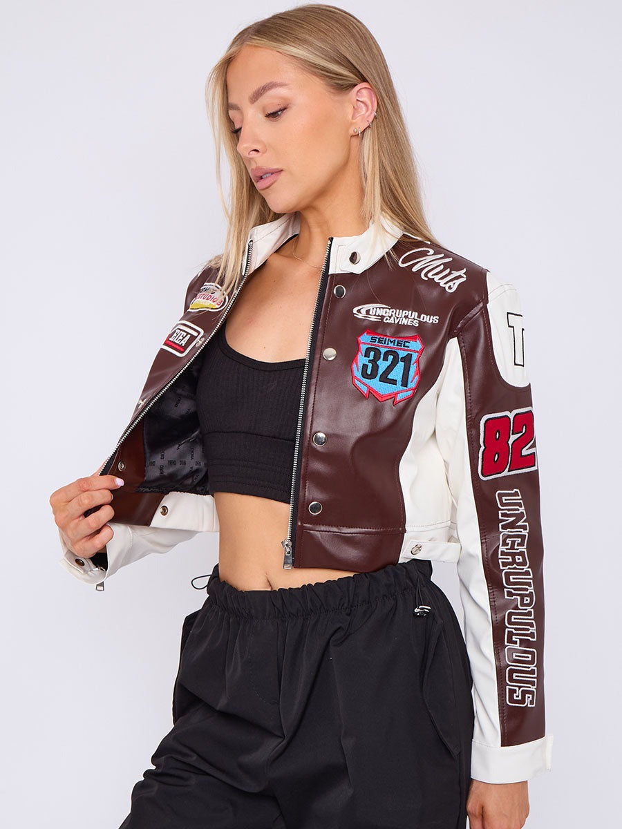 Faux Leather Slogan Cropped Biker Jacket - Khloe