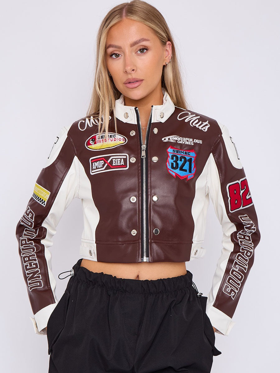 Faux Leather Slogan Cropped Biker Jacket - Khloe