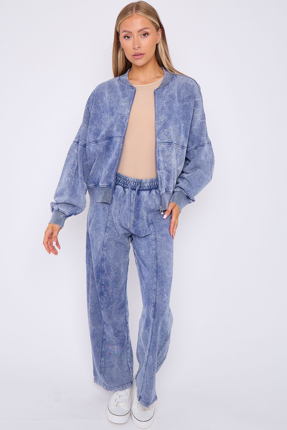 Acid Wash Bomber Style Oversize Fleece Zipper & Jogger Set - Sara - Storm Desire
