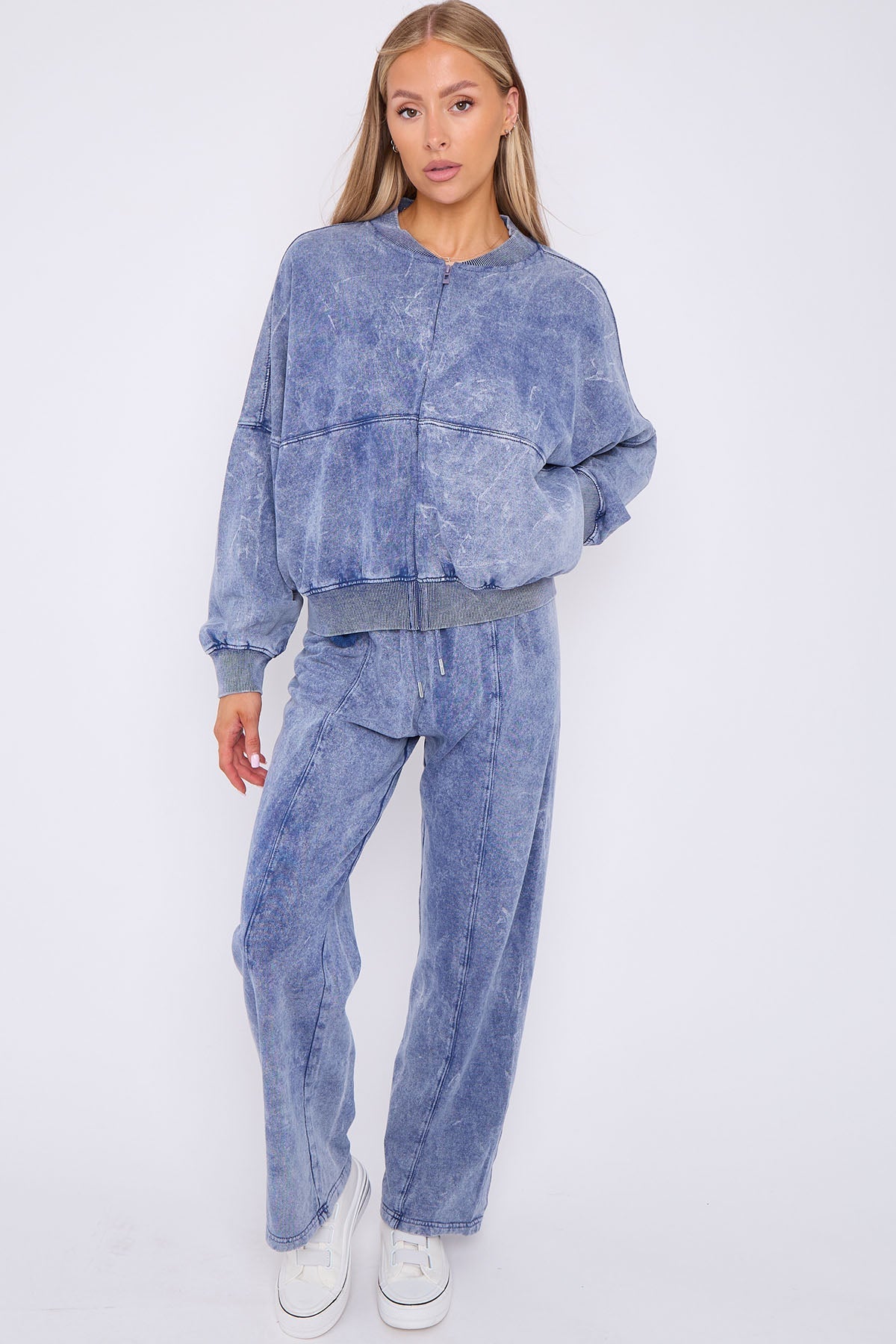 Acid Wash Bomber Style Oversize Fleece Zipper & Jogger Set - Sara - Storm Desire