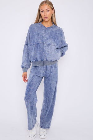Acid Wash Bomber Style Oversize Fleece Zipper & Jogger Set - Sara - Storm Desire