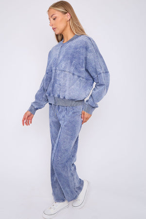 Acid Wash Bomber Style Oversize Fleece Zipper & Jogger Set - Sara - Storm Desire