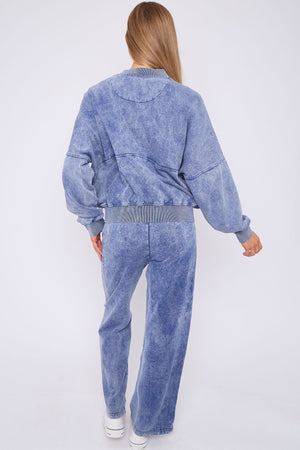 Acid Wash Bomber Style Oversize Fleece Zipper & Jogger Set - Sara - Storm Desire