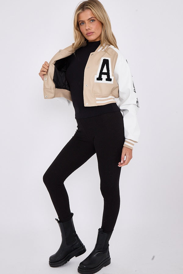Faux Leather Crop Varsity Jacket - Sofia - Storm Desire
