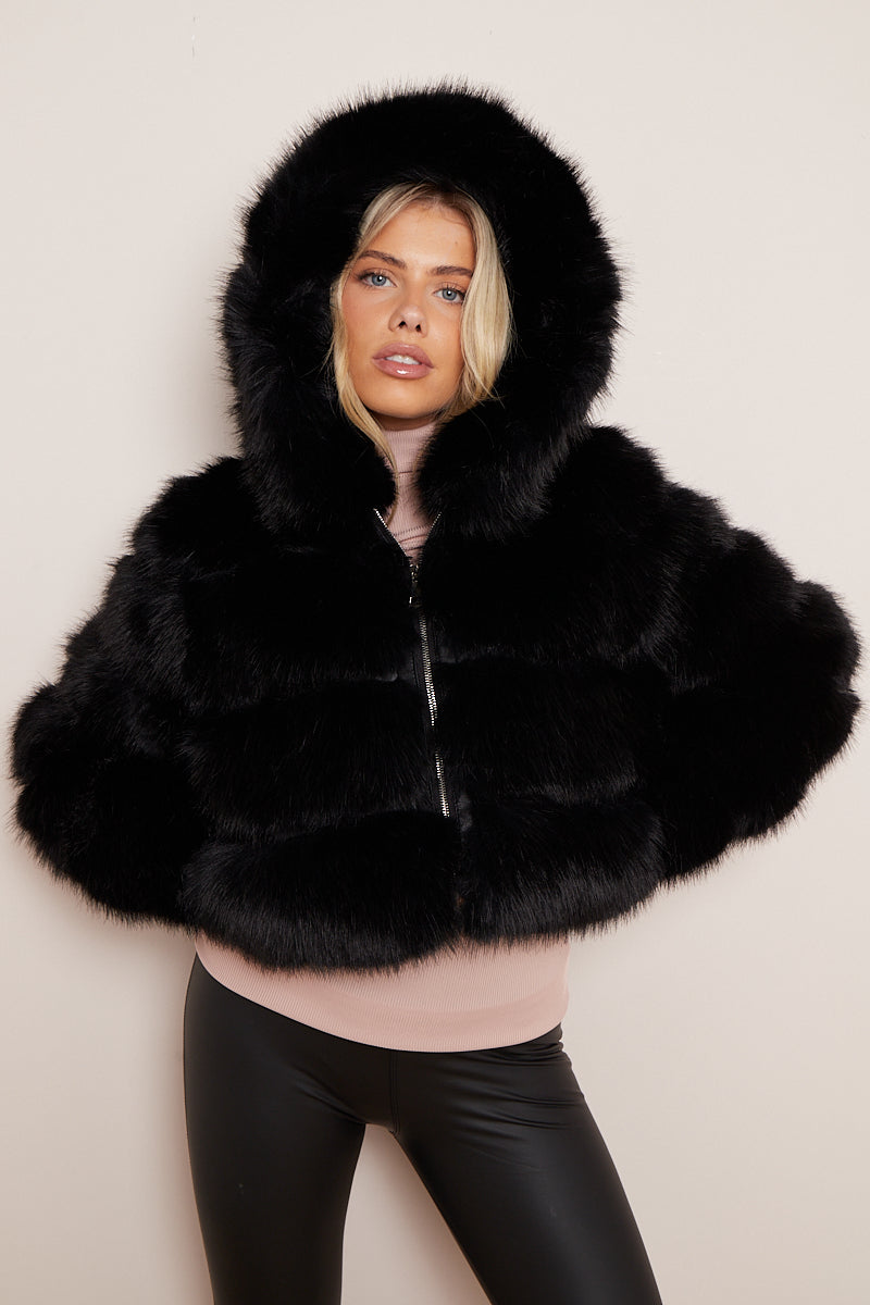 Black Super Soft Faux Fur Hooded Jacket - Ayana - Storm Desire