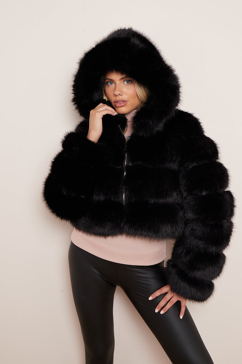Black Super Soft Faux Fur Hooded Jacket - Ayana - Storm Desire