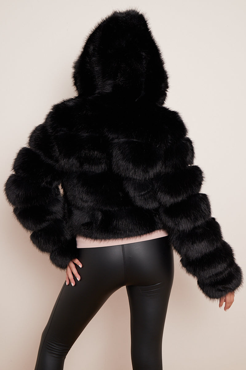 Black Super Soft Faux Fur Hooded Jacket - Ayana - Storm Desire