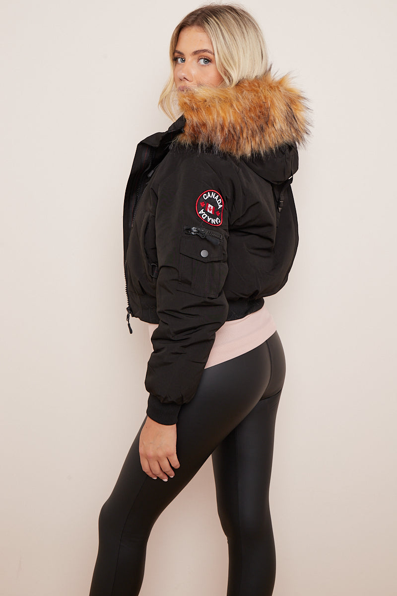 Cropped Black Canada Faux Fur Hood Bomber Jacket - Keyla - Storm Desire