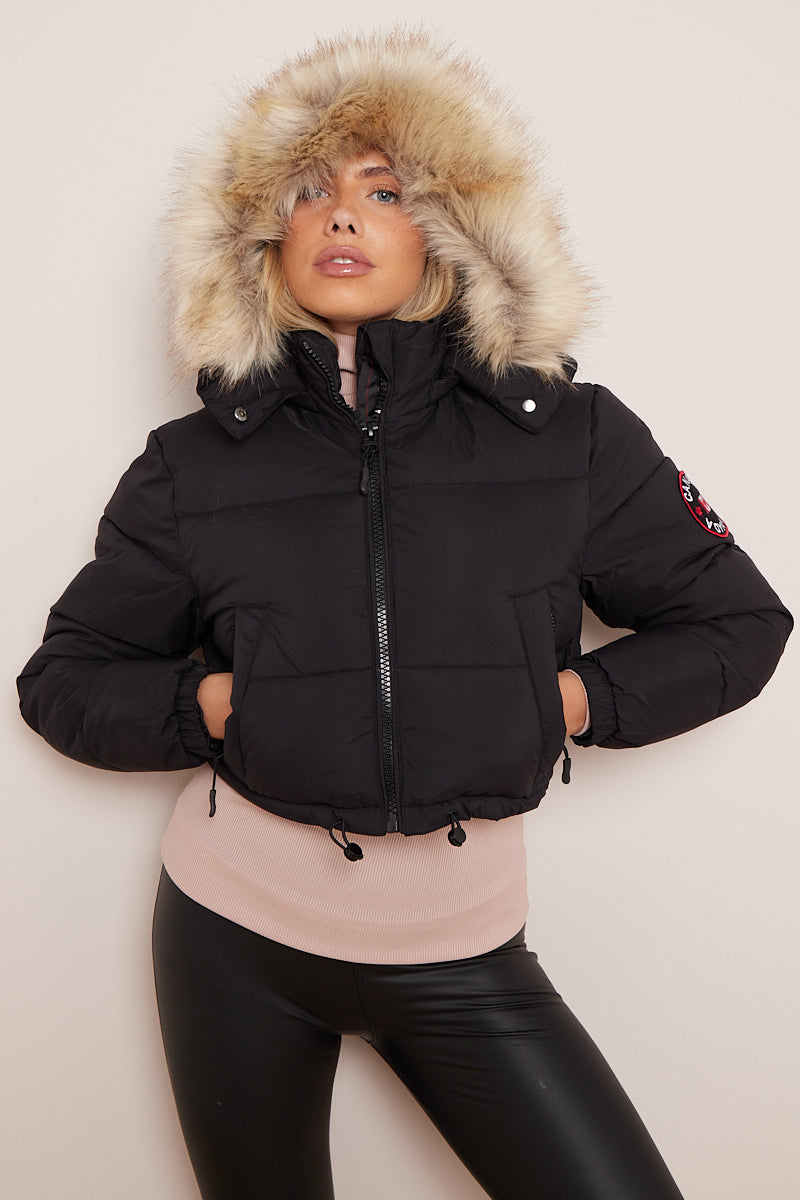 Canada Black Cropped Faux Fur Hood Puffer Jacket - Karter - Storm Desire