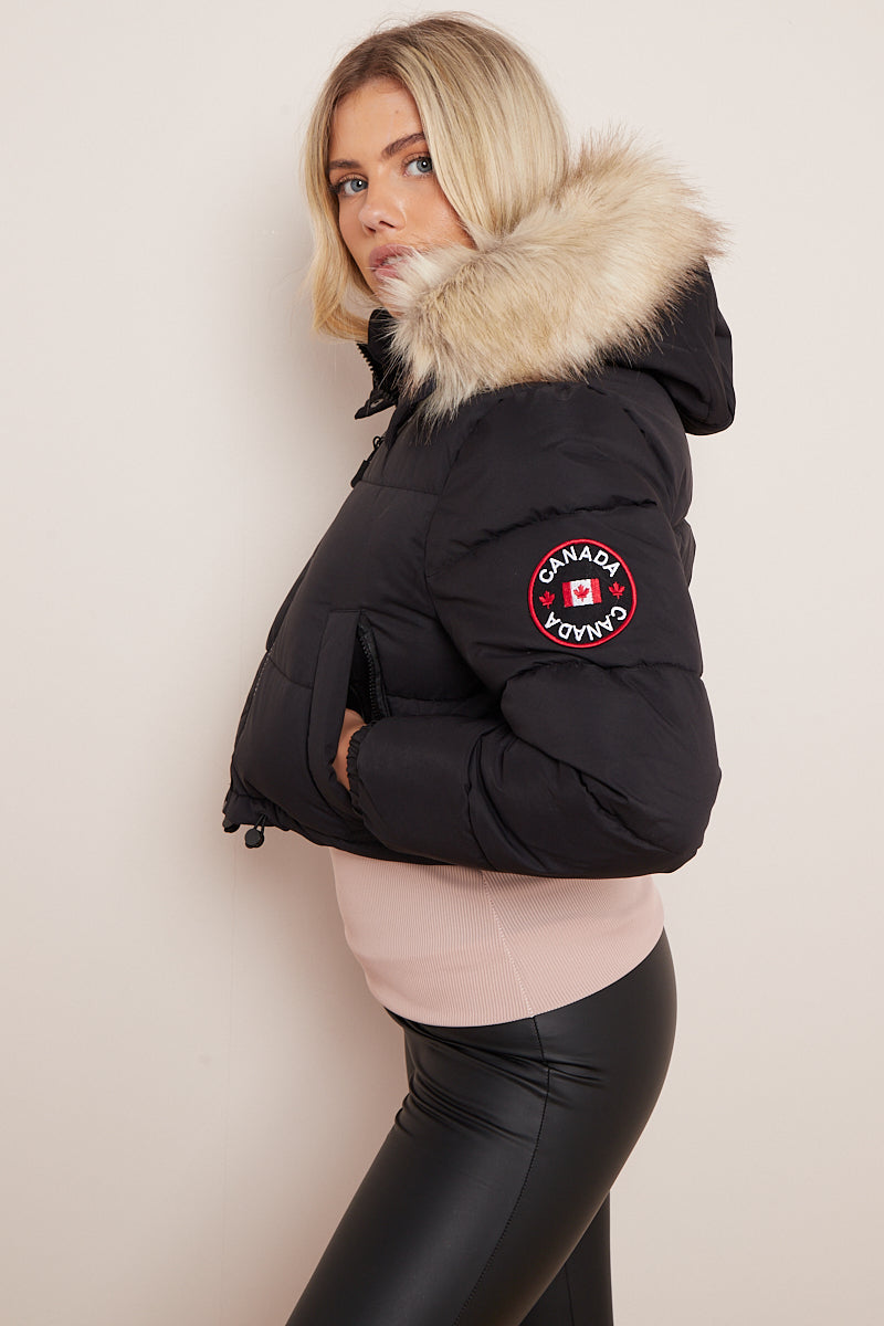 Canada Black Cropped Faux Fur Hood Puffer Jacket - Karter - Storm Desire