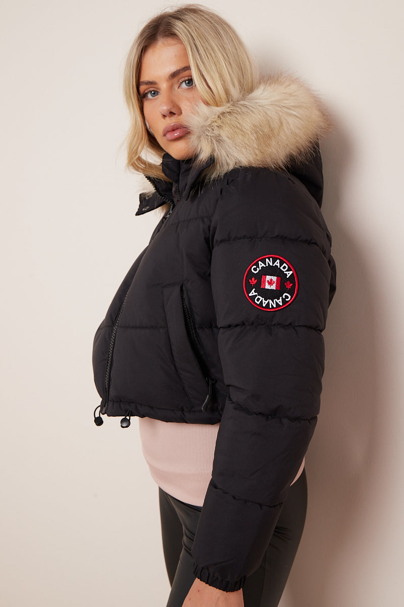 Canada Black Cropped Faux Fur Hood Puffer Jacket - Karter - Storm Desire