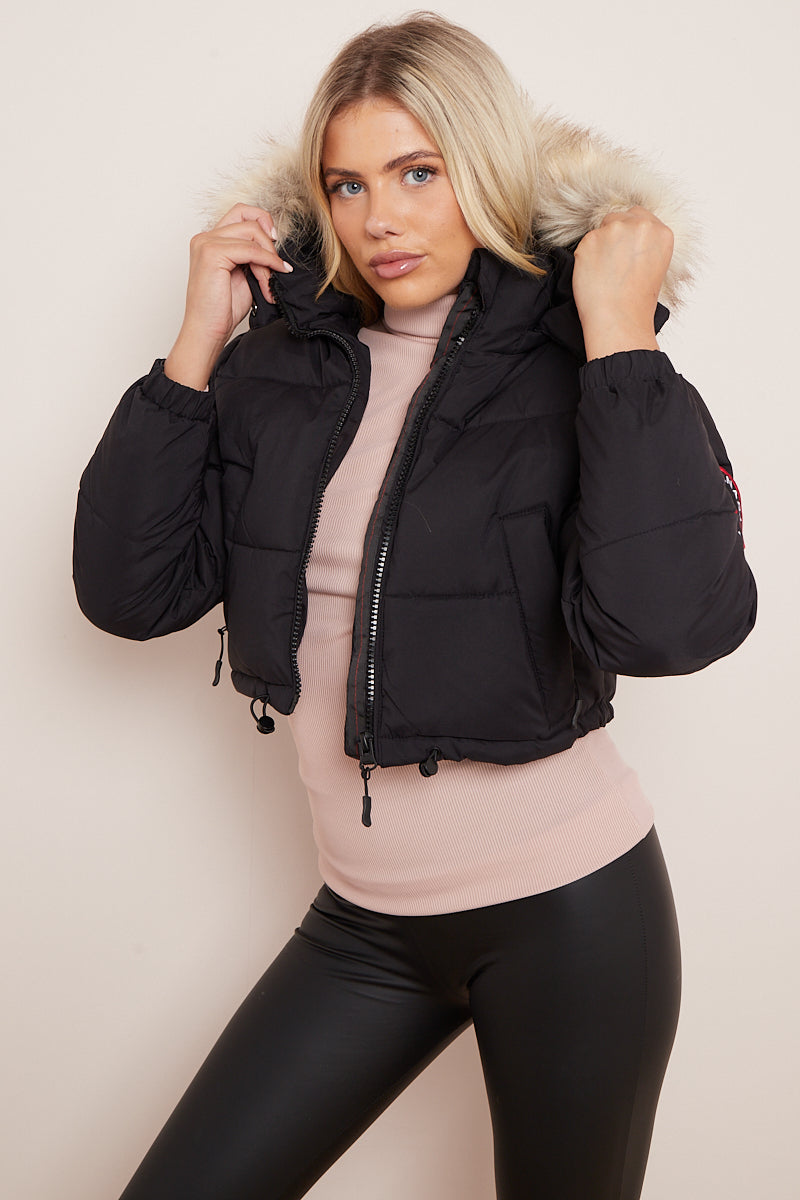 Canada Black Cropped Faux Fur Hood Puffer Jacket - Karter - Storm Desire