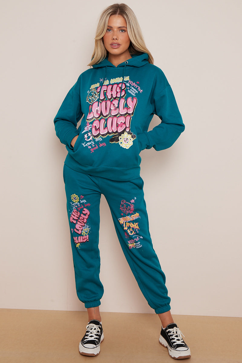 Teal Lovely Club Slogan Fleece Loungewear Set - Jianna - Storm Desire