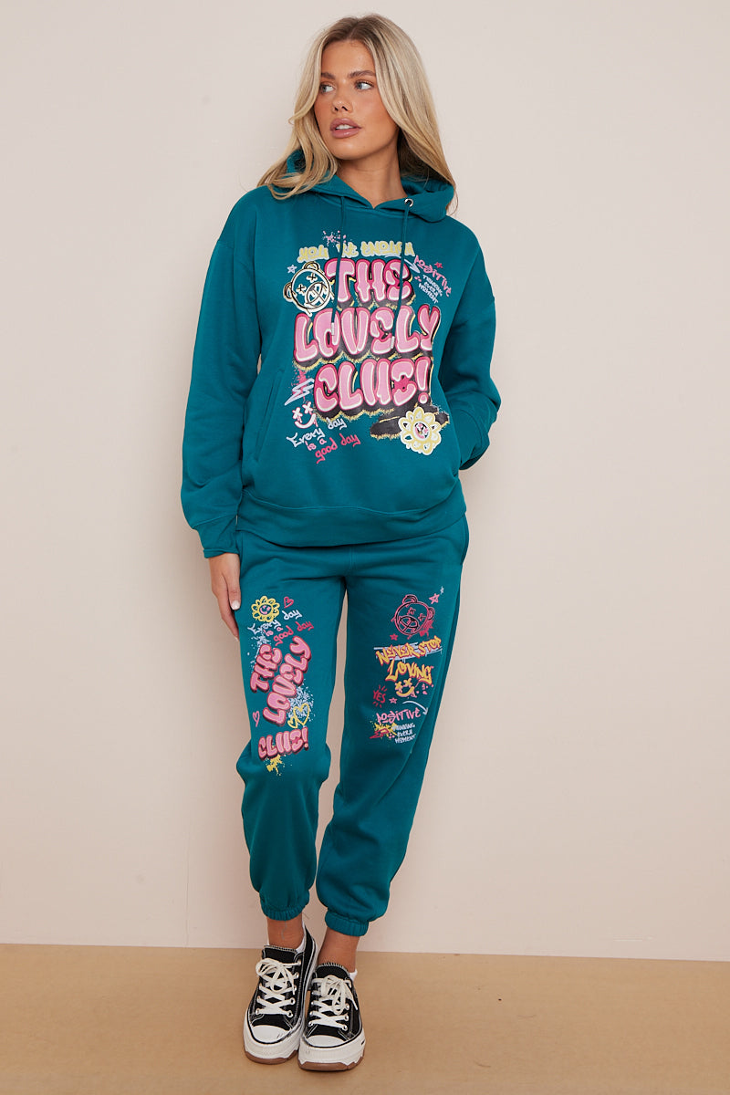 Teal Lovely Club Slogan Fleece Loungewear Set - Jianna - Storm Desire