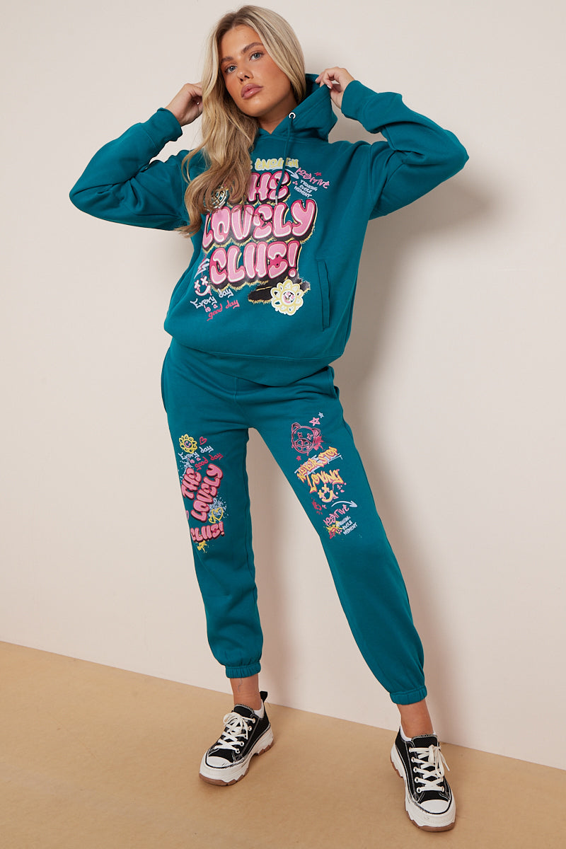 Teal Lovely Club Slogan Fleece Loungewear Set - Jianna - Storm Desire