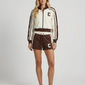 Brown fleece zip-up jacket and shorts set with C patch, side stripes, drawstring waist