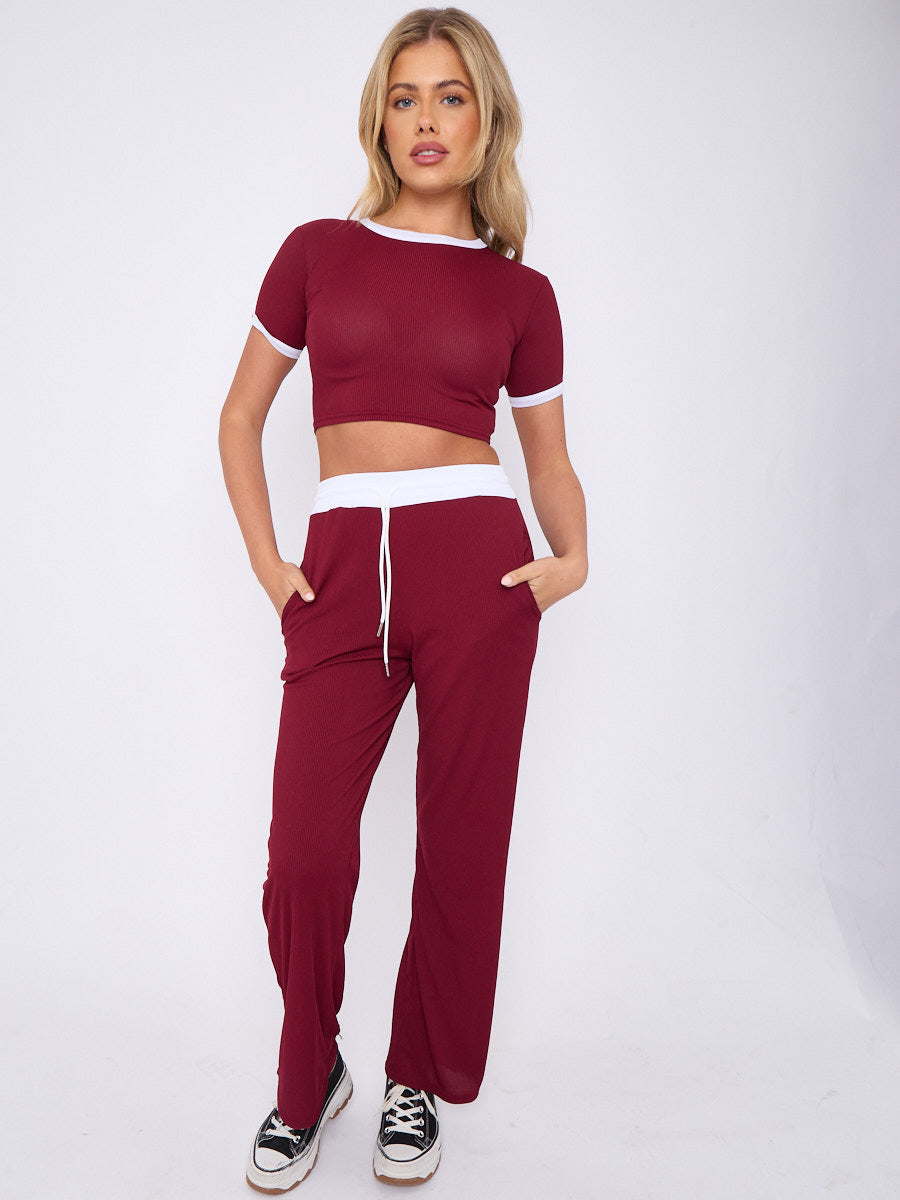 Ribbed Crop Top & Wide Leg Trouser Co-ord - Magnolia - Storm Desire