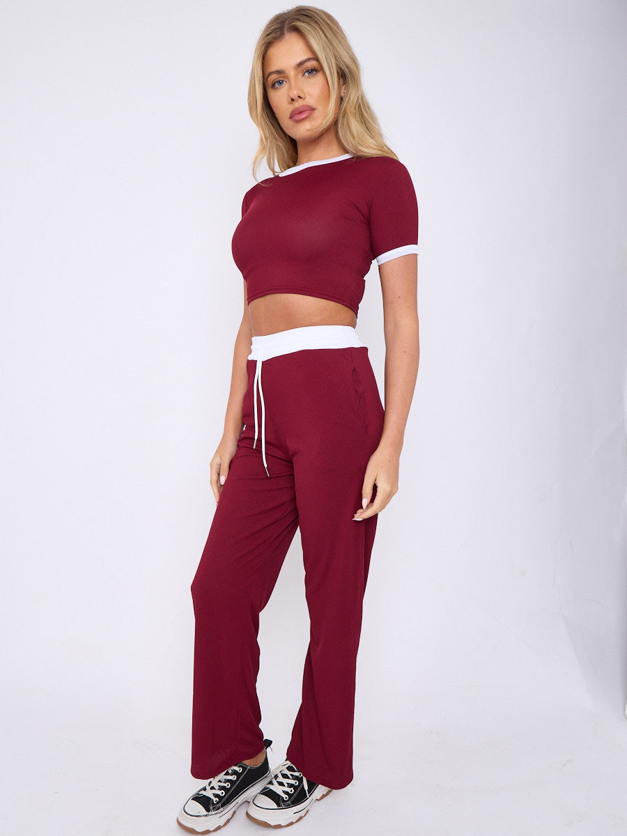 Ribbed Crop Top & Wide Leg Trouser Co-ord - Magnolia - Storm Desire