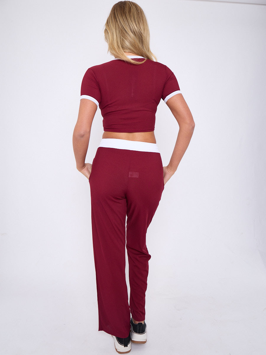 Ribbed Crop Top & Wide Leg Trouser Co-ord - Magnolia - Storm Desire