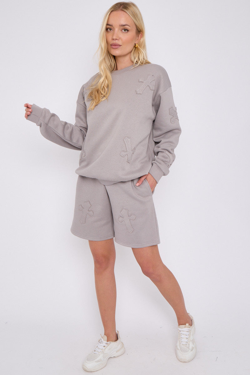Crucifix Cross Sweatshirt & Shorts Fleece Set - Valerie - Storm Desire