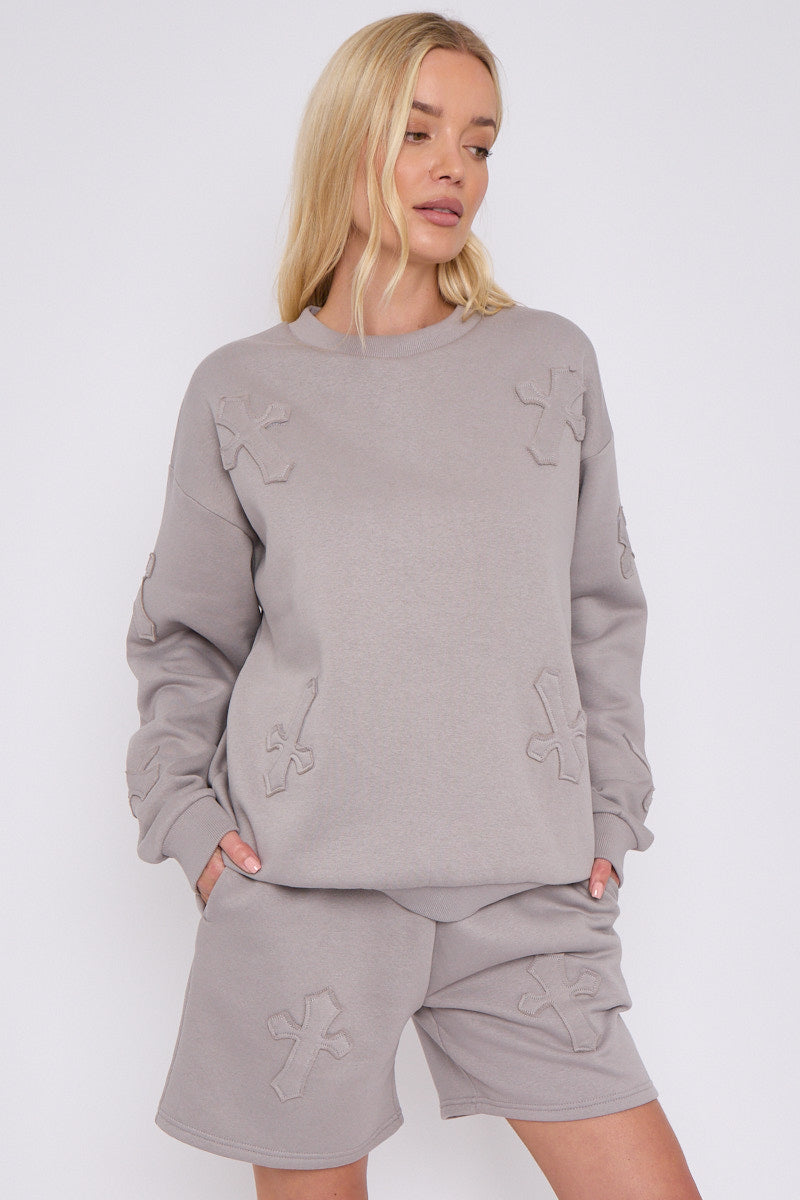 Dove grey Crucifix Sweatshirt & Shorts Fleece Set - Valerie - Storm Desire