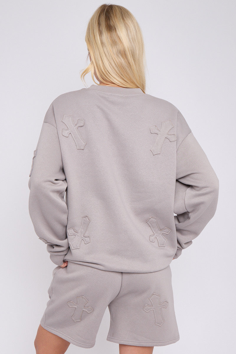 Crucifix Cross Sweatshirt & Shorts Fleece Set - Valerie - Storm Desire