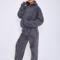 Grey acid-wash hooded tracksuit with crucifix cross embroidery, drawstring hoodie and wide joggers