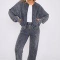 Acid Wash Bomber Style Oversize Fleece Zipper & Jogger Set - Sara - Storm Desire