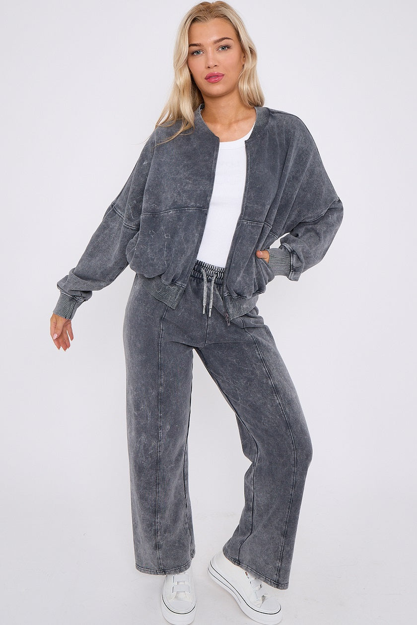 Acid Wash Bomber Style Oversize Fleece Zipper & Jogger Set - Sara - Storm Desire