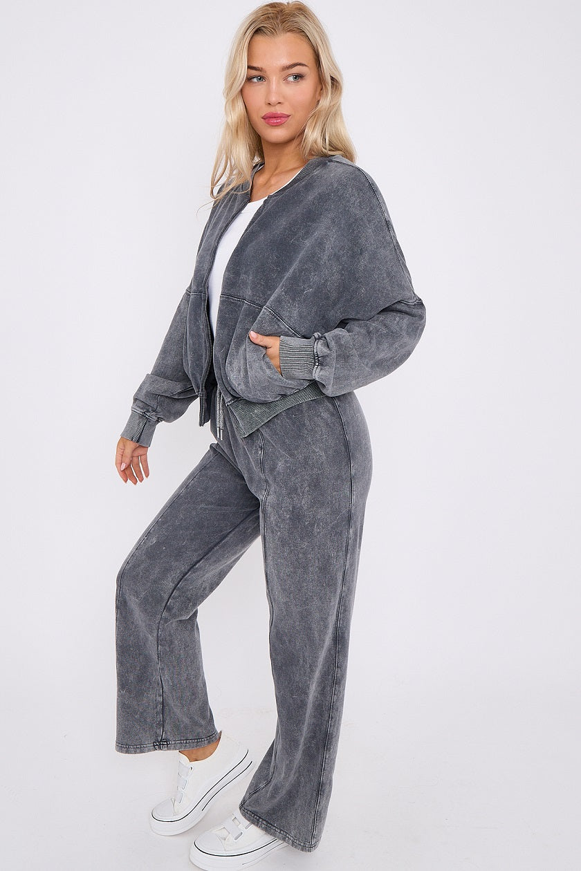 Acid Wash Bomber Style Oversize Fleece Zipper & Jogger Set - Sara - Storm Desire