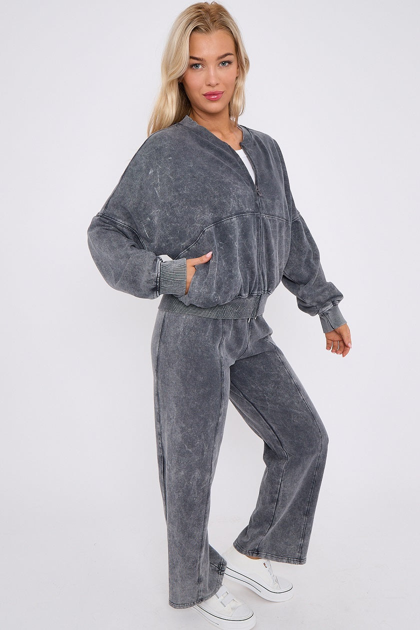 Acid Wash Bomber Style Oversize Fleece Zipper & Jogger Set - Sara - Storm Desire