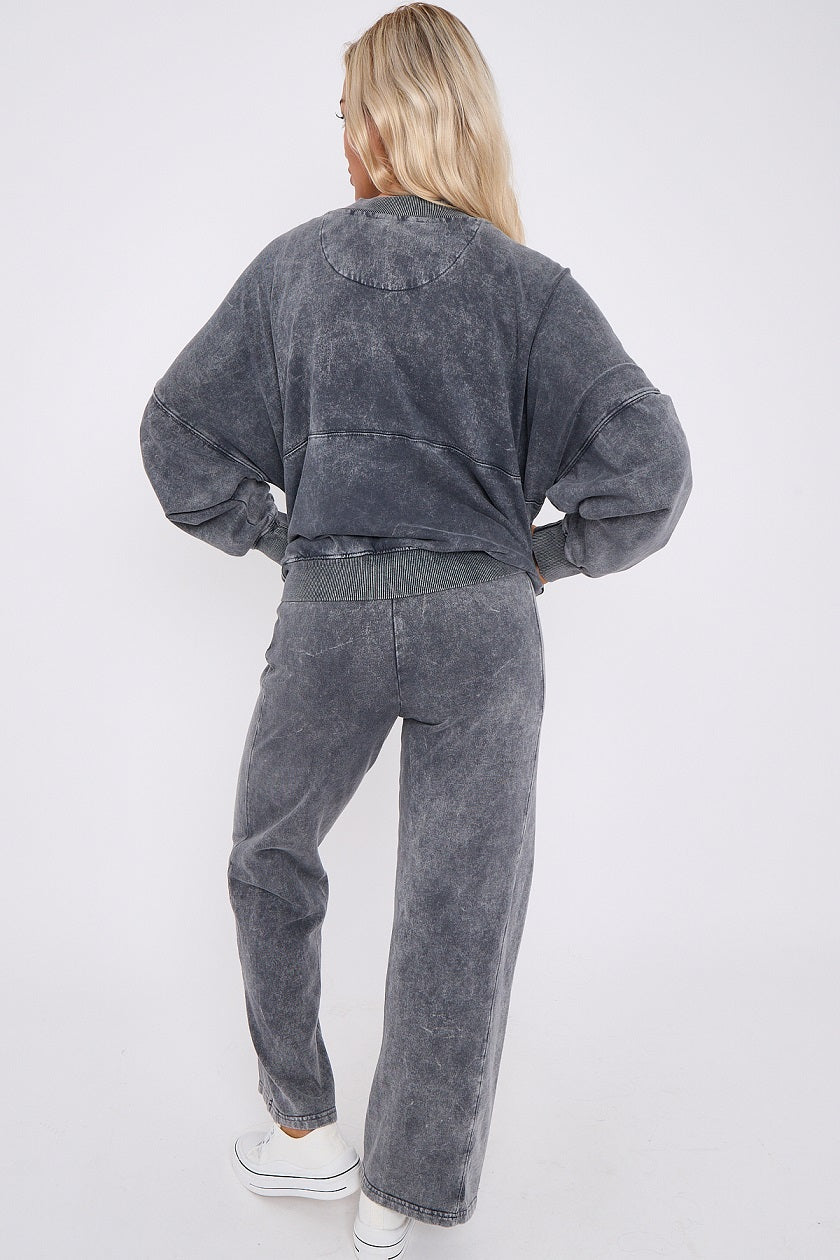 Acid Wash Bomber Style Oversize Fleece Zipper & Jogger Set - Sara - Storm Desire