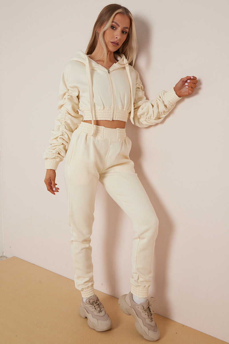 Cream Ruched Cropped Hoodie And Jogger Set - Kallie - Storm Desire