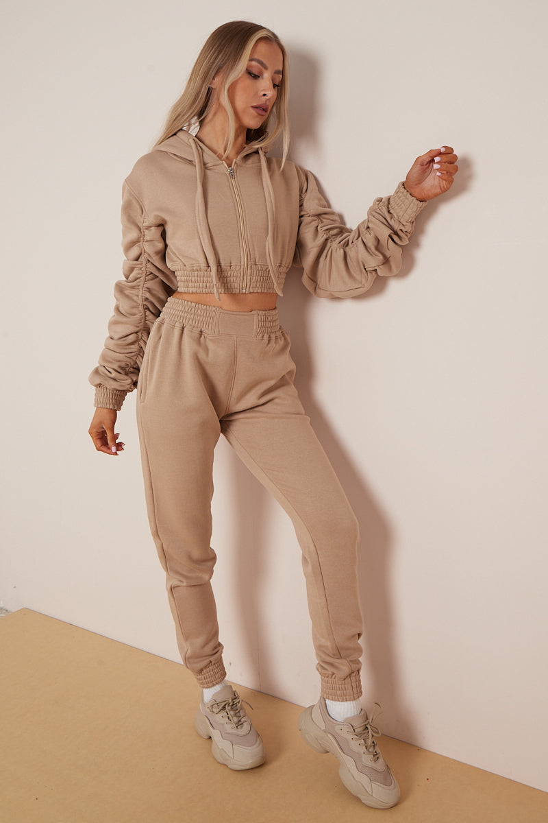Beige Ruched Cropped Hoodie And Jogger Set - Kallie - Storm Desire