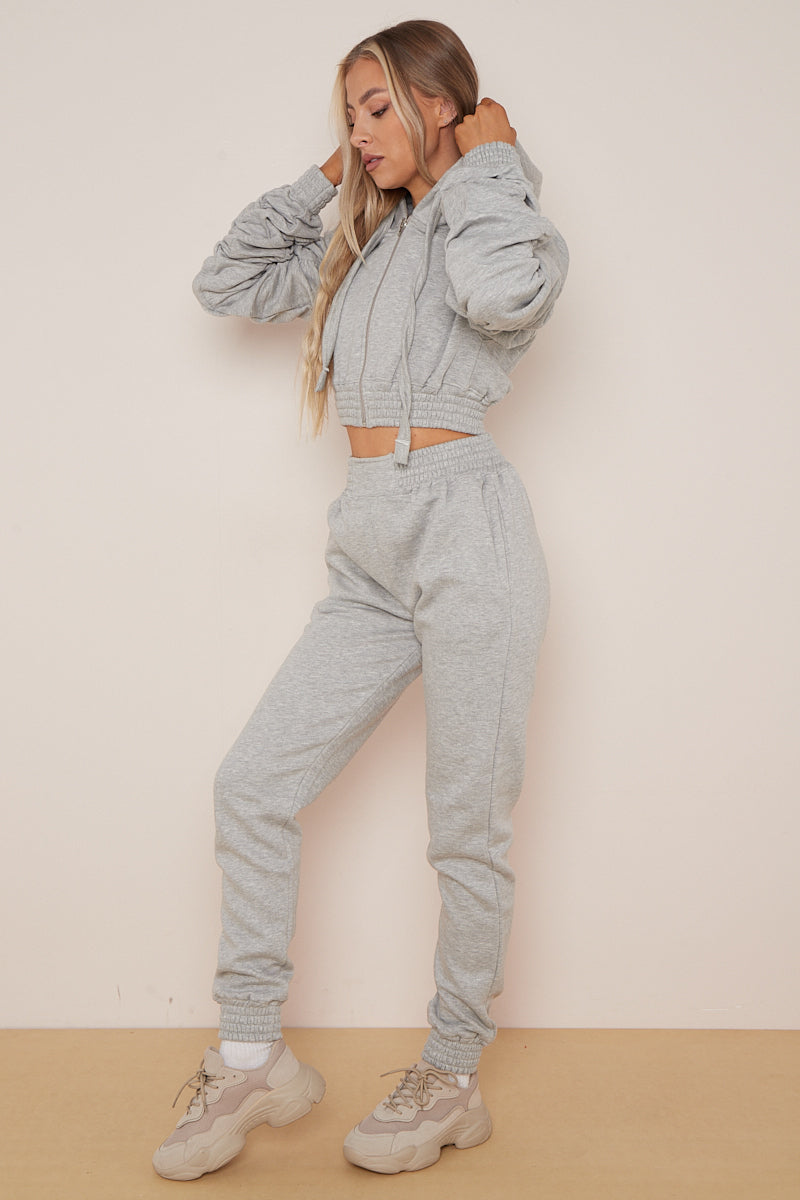 Grey Ruched Cropped Hoodie And Jogger Set - Kallie - Storm Desire