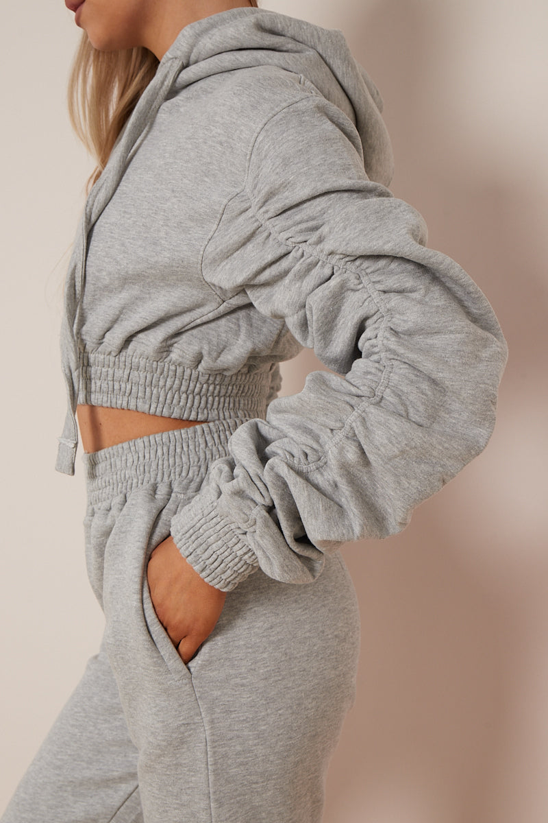Grey Ruched Cropped Hoodie And Jogger Set - Kallie - Storm Desire
