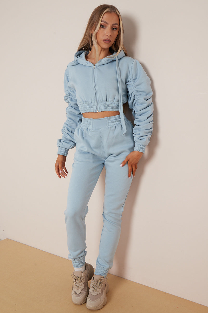 Blue Ruched Cropped Hoodie And Jogger Set - Kallie - Storm Desire
