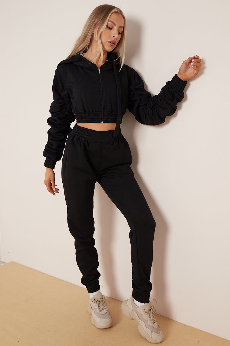 Black Ruched Cropped Hoodie And Jogger Set - Kallie - Storm Desire