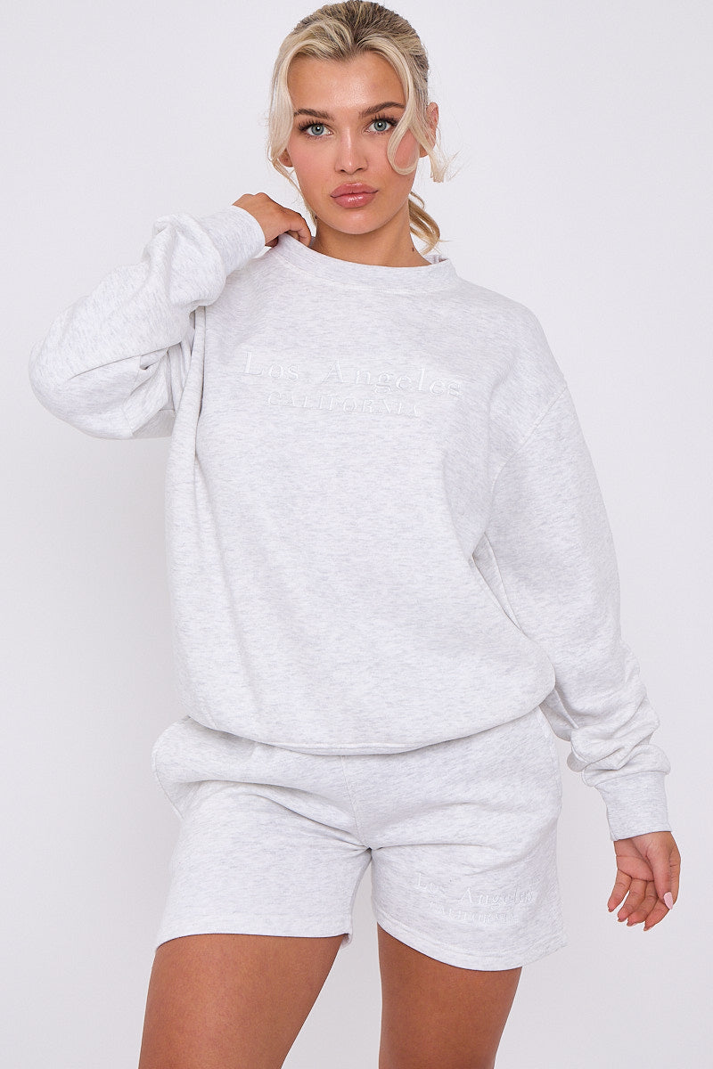 Bleach Grey Embroidered Los Angeles Sweatshirt & Shorts Set - Maci - Storm Desire